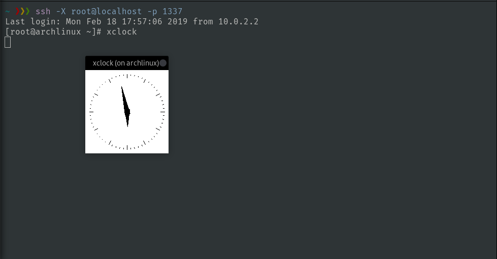 Screen capture showing <code>(host)$ ssh -X root@localhost -p 1337</code> and <code>(guest)$ 
xclock</code> result.