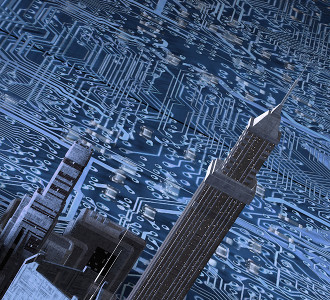 3D render of a city over a printed circuit image